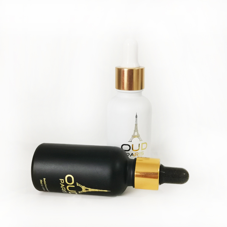 30ml matte frosted black/white glass dropper bottle with gold screw cap for essential oil CBD oil
