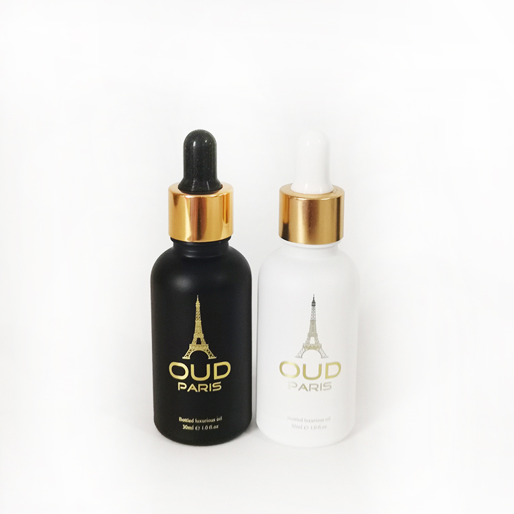 30ml matte frosted black/white glass dropper bottle with gold screw cap for essential oil CBD oil