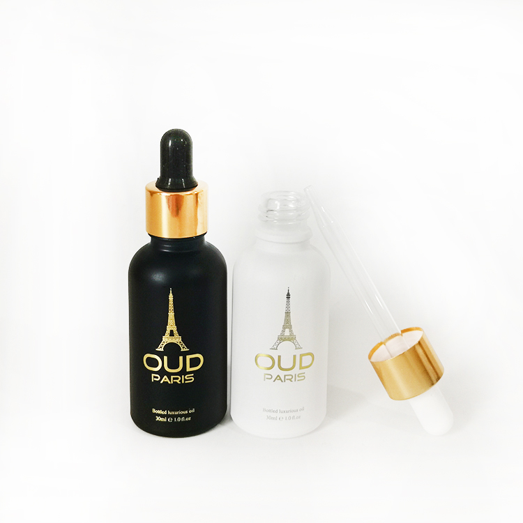 30ml matte frosted black/white glass dropper bottle with gold screw cap for essential oil CBD oil
