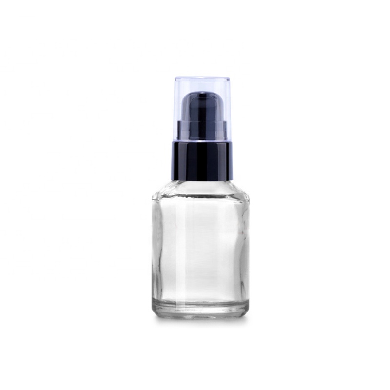 30ml oblique shoulder essence glass bottle with black lotion pump, eye essence liquid foundation bottle