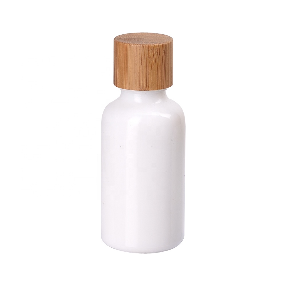 30ml opal white color glass essential oil bottle 1 oz cosmetic white glass bottle 30 ml with 18mm bamboo wood screw cap for oil
