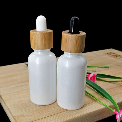 30ml pearl white glass dropper bottle wooden bamboo cap cosmetic essential oil bottle container