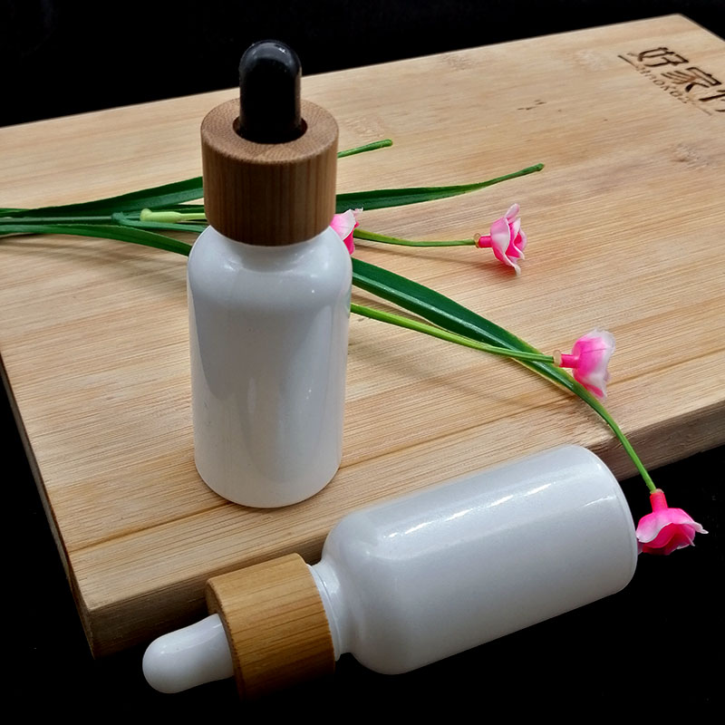 30ml pearl white glass dropper bottle wooden bamboo cap cosmetic essential oil bottle container