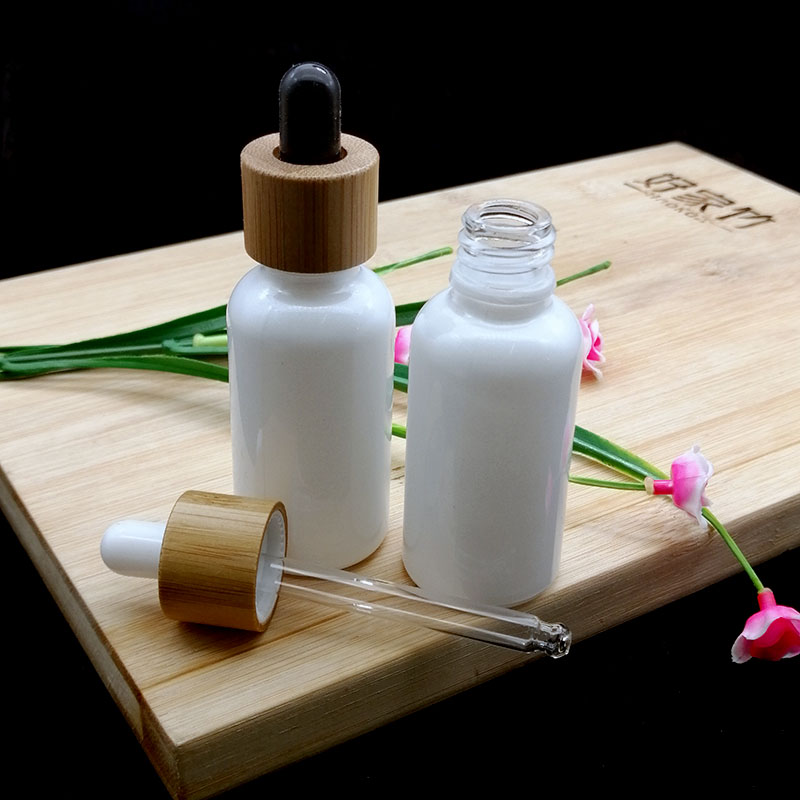 30ml pearl white glass dropper bottle wooden bamboo cap cosmetic essential oil bottle container