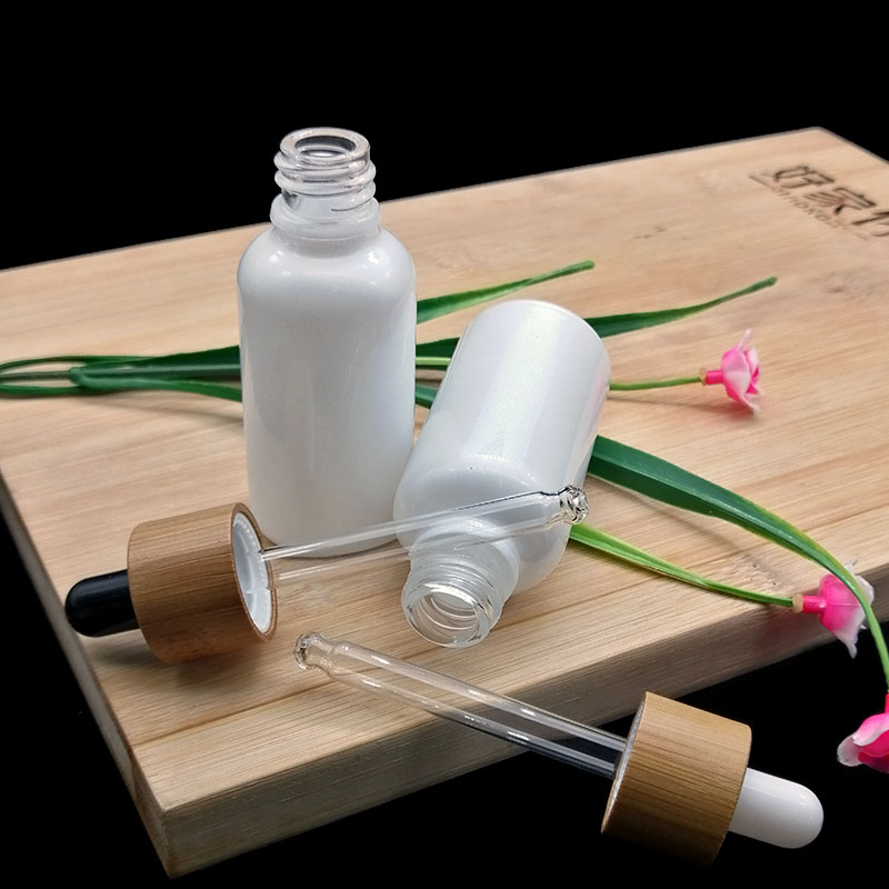 30ml pearl white glass dropper bottle wooden bamboo cap cosmetic essential oil bottle container