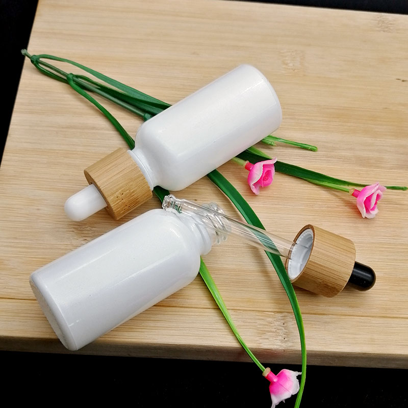 30ml pearl white glass dropper bottle wooden bamboo cap cosmetic essential oil bottle container
