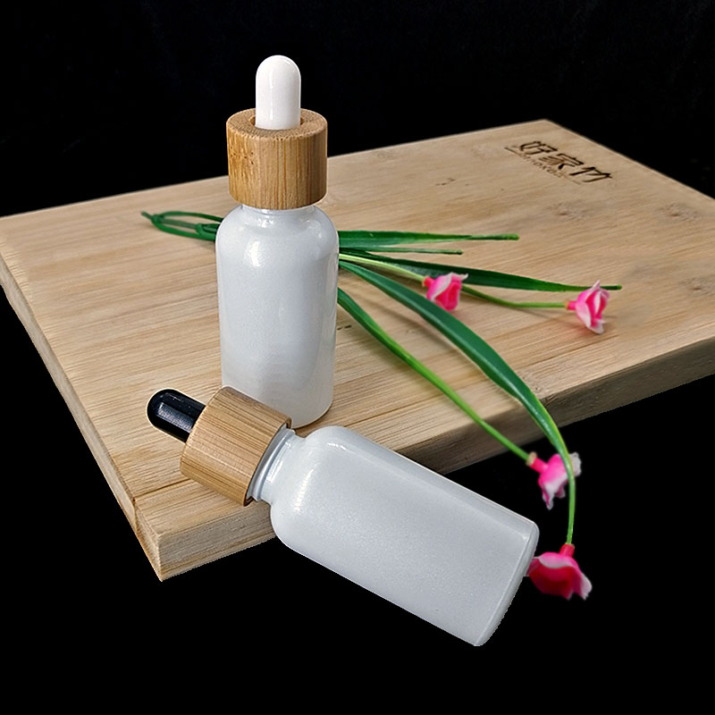 30ml pearl white glass dropper bottle wooden bamboo cap cosmetic essential oil bottle container