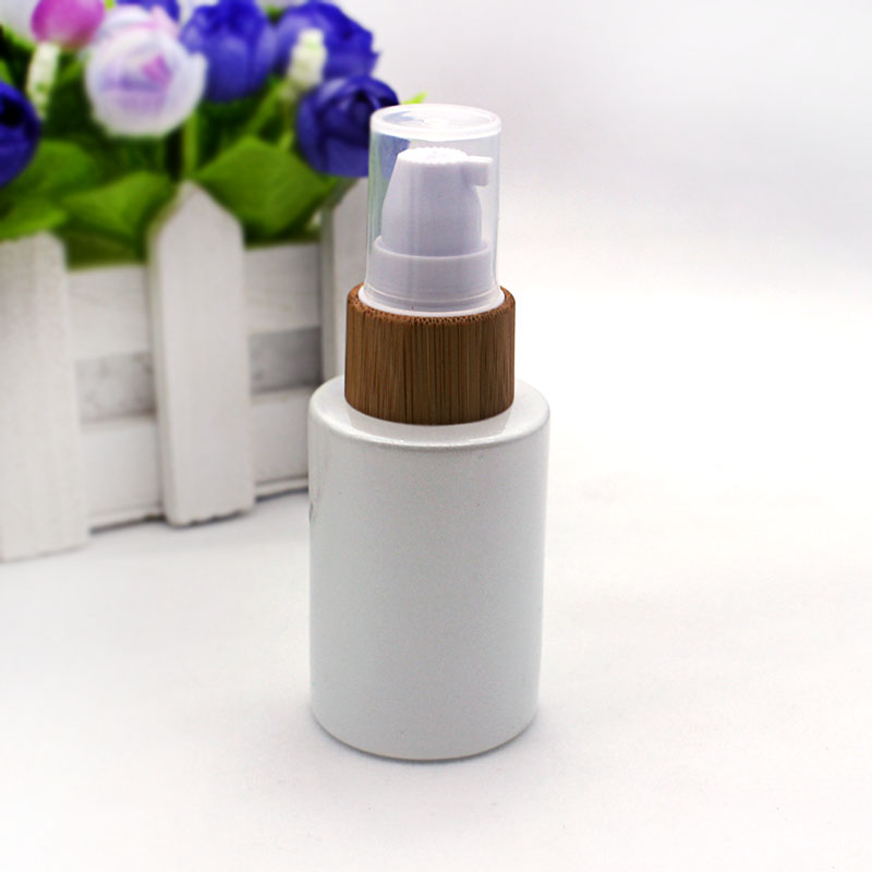 30ml pearl white glass emulsion essential oil bottle perfume spray pump lid cosmetic packaging container eco-friendly bamboo cap