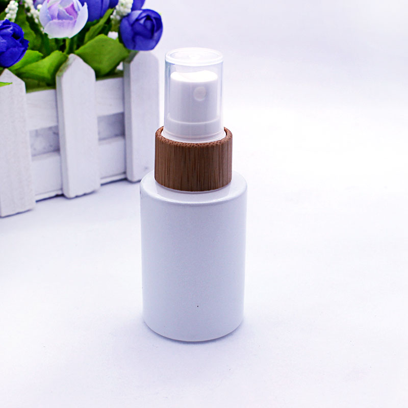 30ml pearl white glass emulsion essential oil bottle perfume spray pump lid cosmetic packaging container eco-friendly bamboo cap