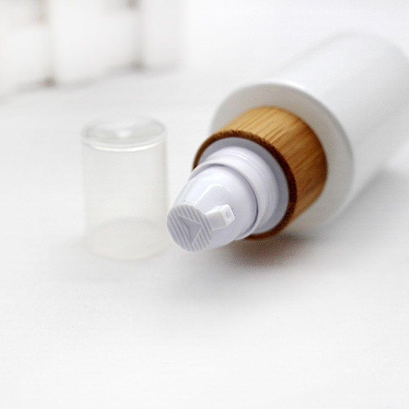30ml pearl white glass emulsion essential oil bottle perfume spray pump lid cosmetic packaging container eco-friendly bamboo cap