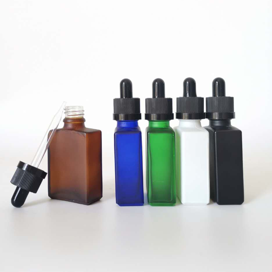 30ml rectangle frosted glass dropper bottle black white amber green blue eliquid bottle with childproof cap