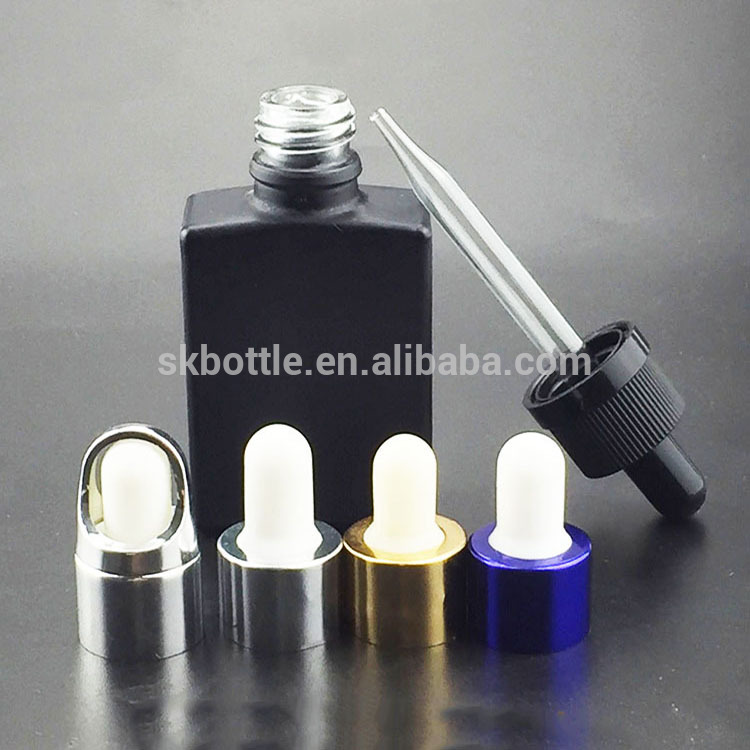 30ml rectangular frosted/matte black glass e liquid bottle with gold&silver aluminium cap and glass pipette
