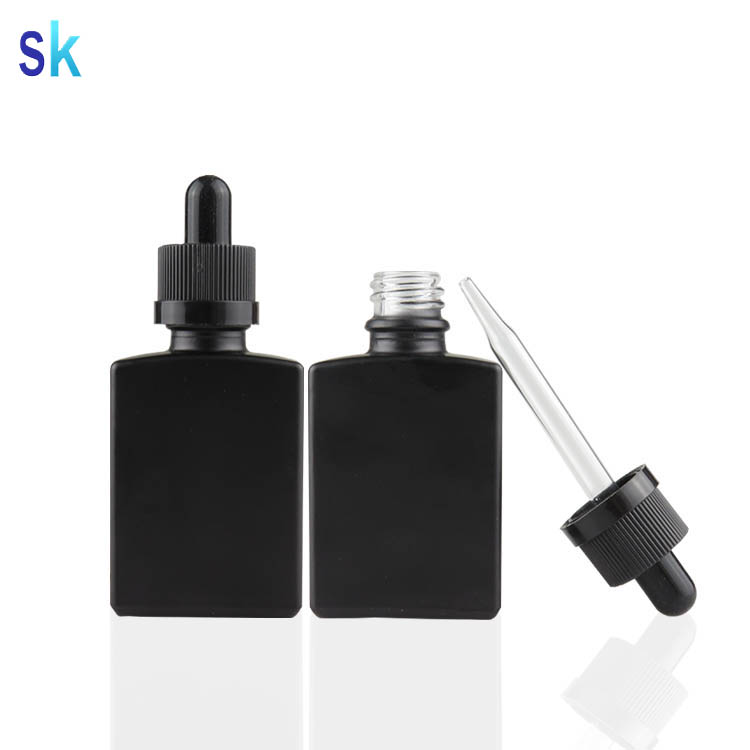 30ml rectangular frosted/matte black glass e liquid bottle with gold&silver aluminium cap and glass pipette