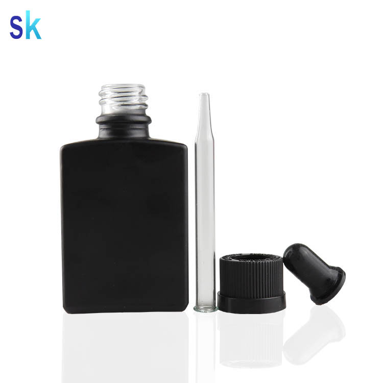 30ml rectangular frosted/matte black glass e liquid bottle with gold&silver aluminium cap and glass pipette