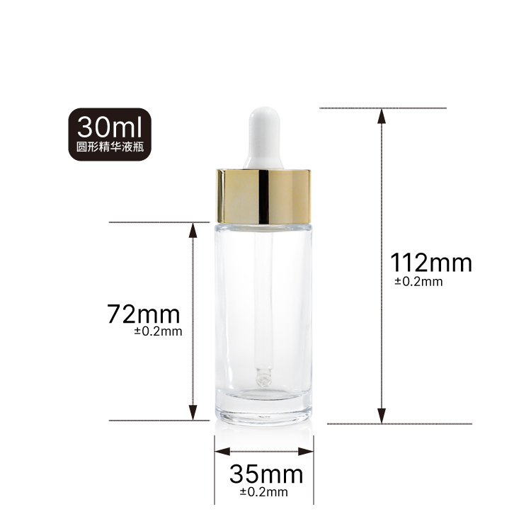 30ml round glass clear frosted facial cosmetic serum luxury dropper bottle with dropper cap