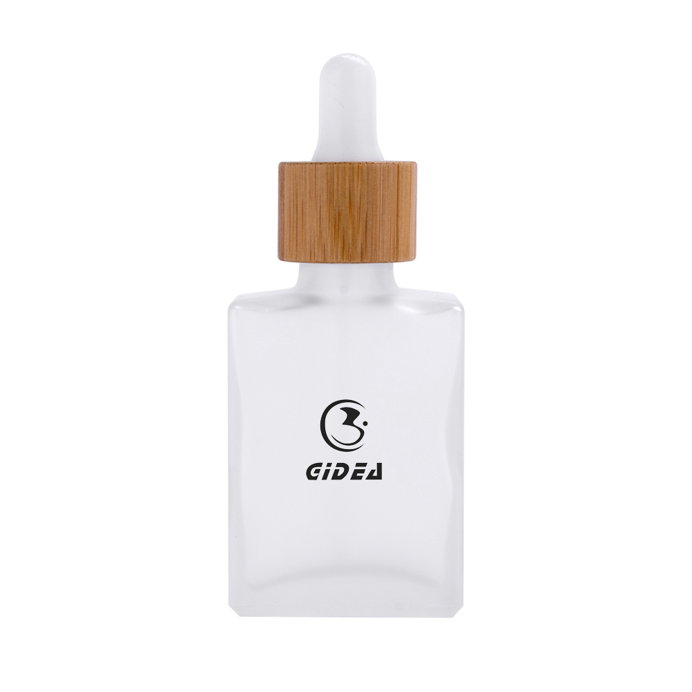 30ml square flat glass cosmetic bottle with dropper and bamboo cap
