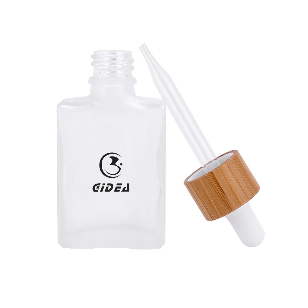 30ml square flat glass cosmetic bottle with dropper and bamboo cap