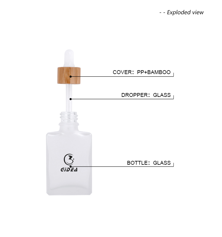 30ml square flat glass cosmetic bottle with dropper and bamboo cap