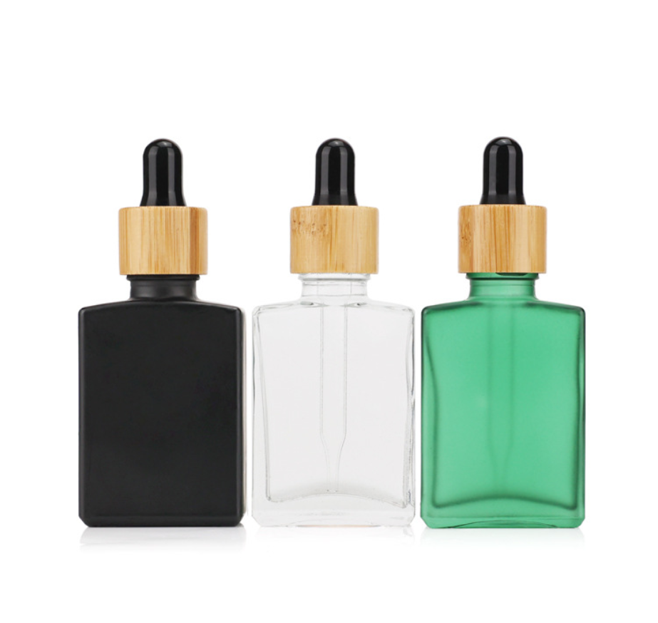 30ml square flat glass cosmetic bottle with dropper and bamboo cap