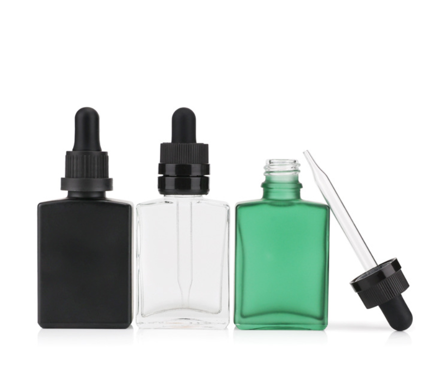 30ml square flat glass cosmetic bottle with dropper and bamboo cap