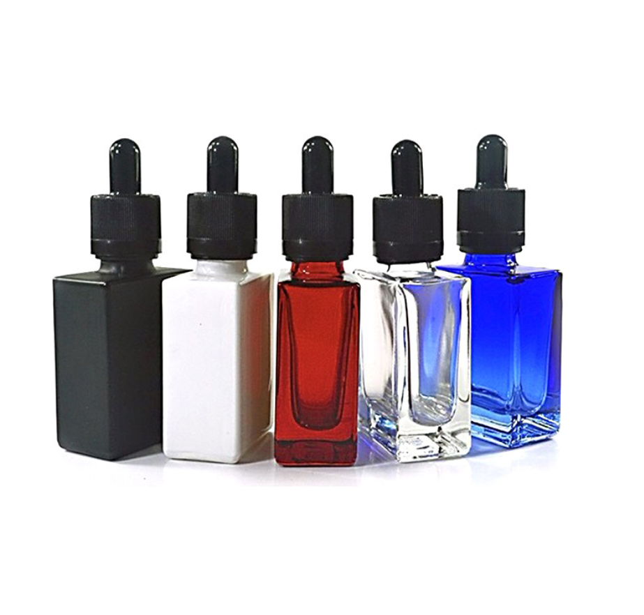 30ml square flat glass cosmetic bottle with dropper and bamboo cap
