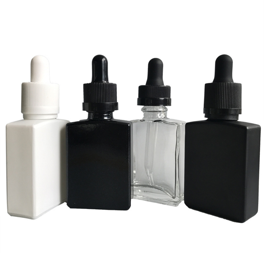 30ml square flat glass cosmetic bottle with dropper and bamboo cap