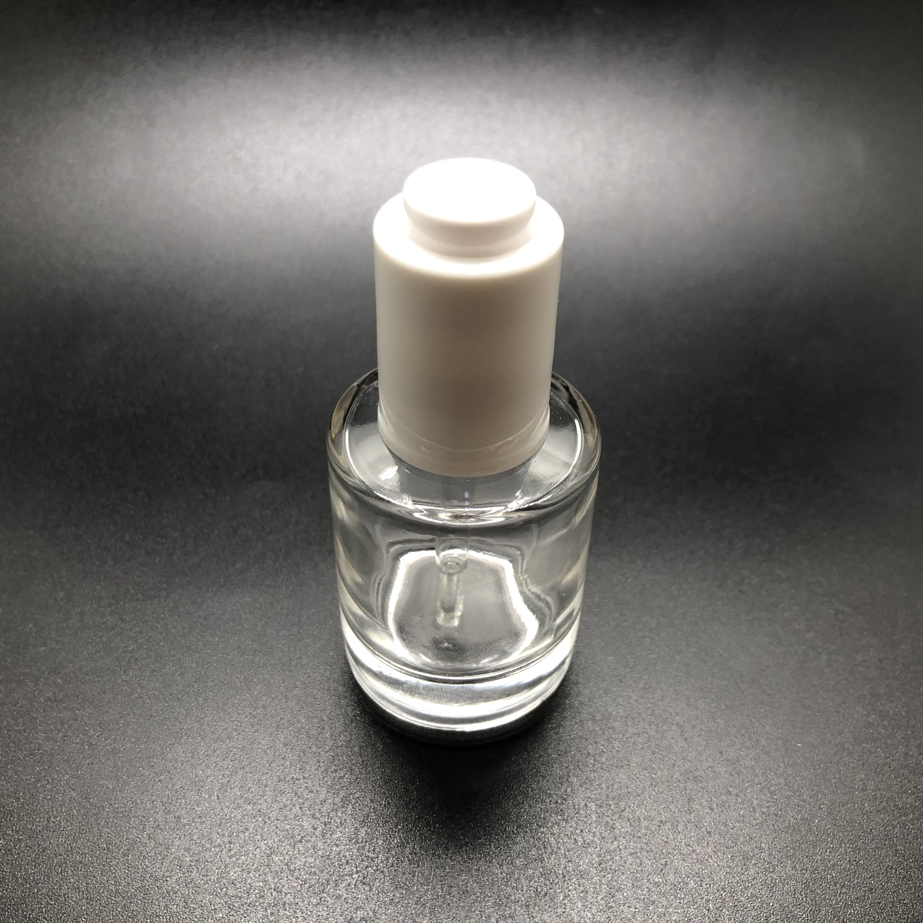 30ml thick bottom serum clear round glass bottle with white push button dropper