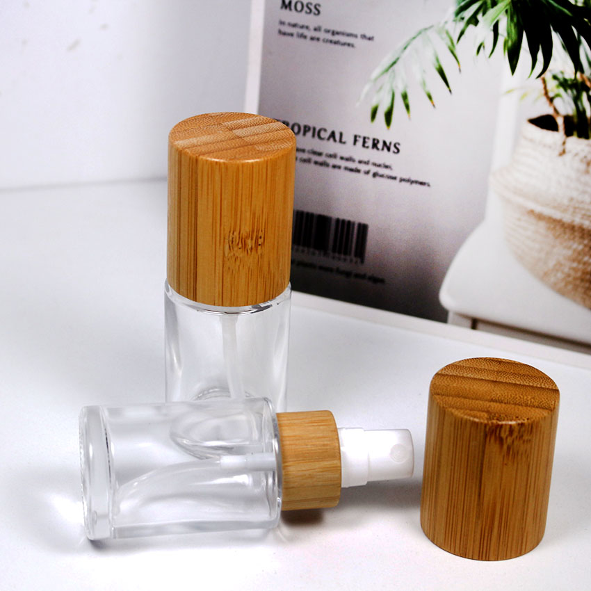 30ml transparent glass wood grain bamboo cover spray bottle cosmetic lotion skin cream packaging container with custom logo