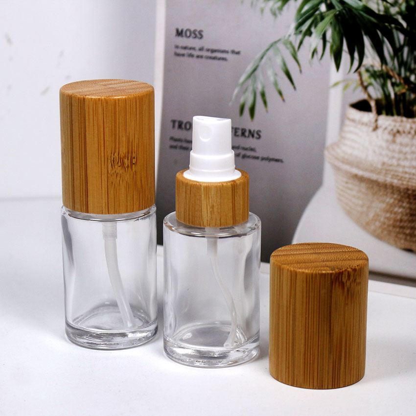 30ml transparent glass wood grain bamboo cover spray bottle cosmetic lotion skin cream packaging container with custom logo