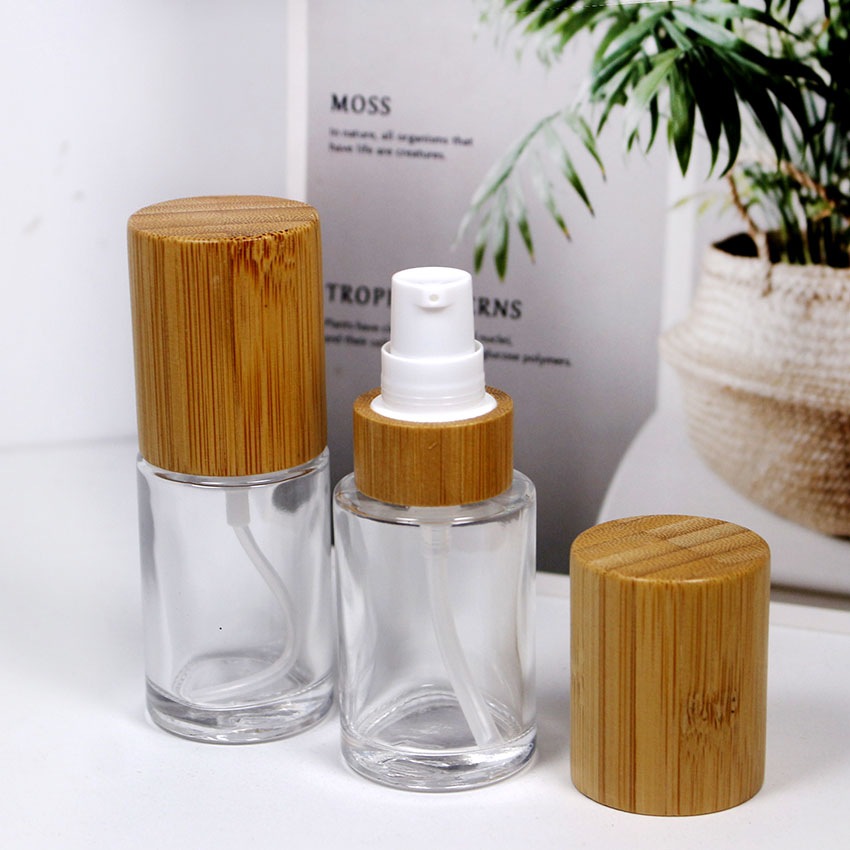 30ml transparent glass wood grain bamboo cover spray bottle cosmetic lotion skin cream packaging container with custom logo