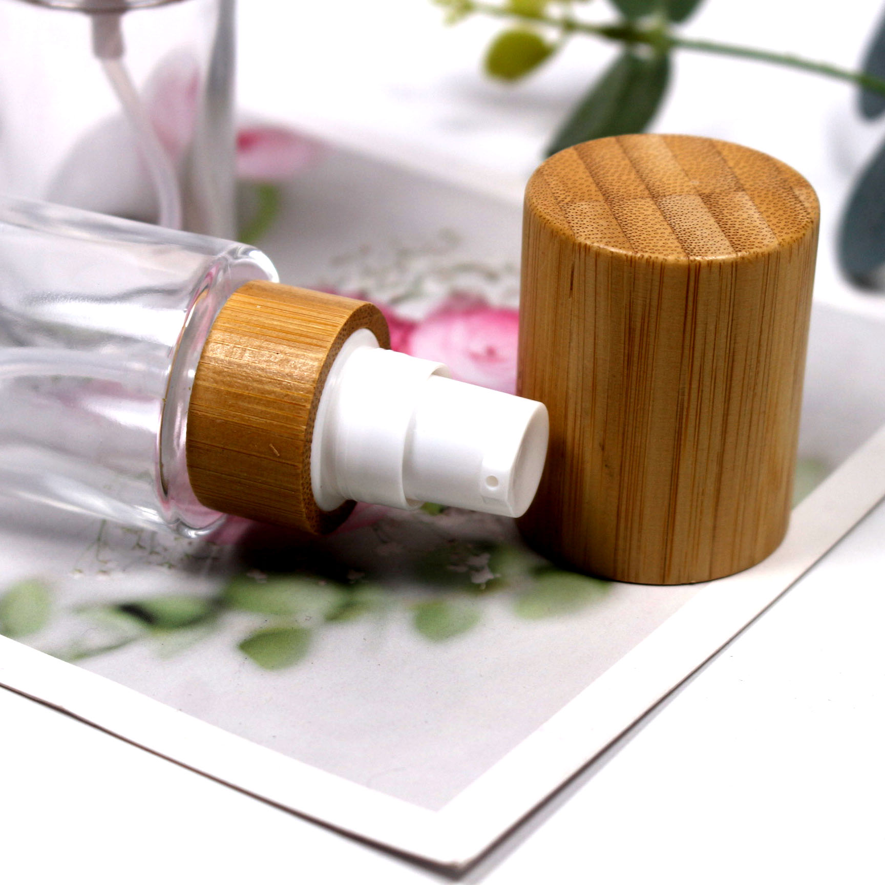 30ml transparent glass wood grain bamboo cover spray bottle cosmetic lotion skin cream packaging container with custom logo
