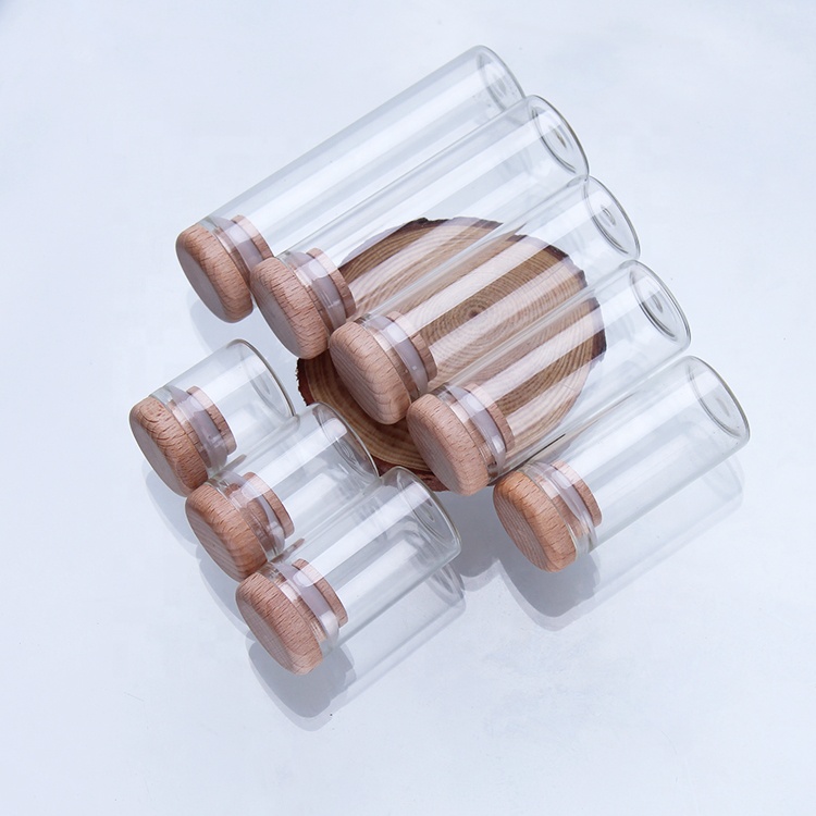 30mm Diameter Straight bottle with wooden lid tube glass vial glass 30ml bottle For Saffron flower tea Packaging