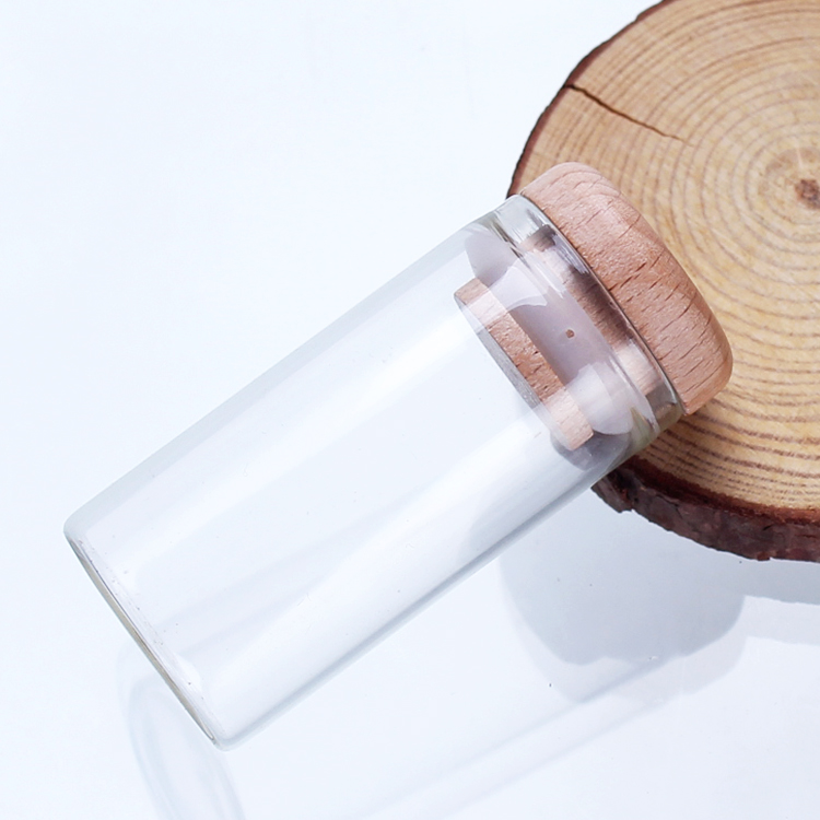 30mm Diameter Straight bottle with wooden lid tube glass vial glass 30ml bottle For Saffron flower tea Packaging
