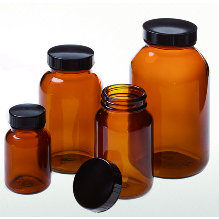 32 OZ AMBER WIDE MOUTH PACKER GLASS BOTTLES with plastic cap