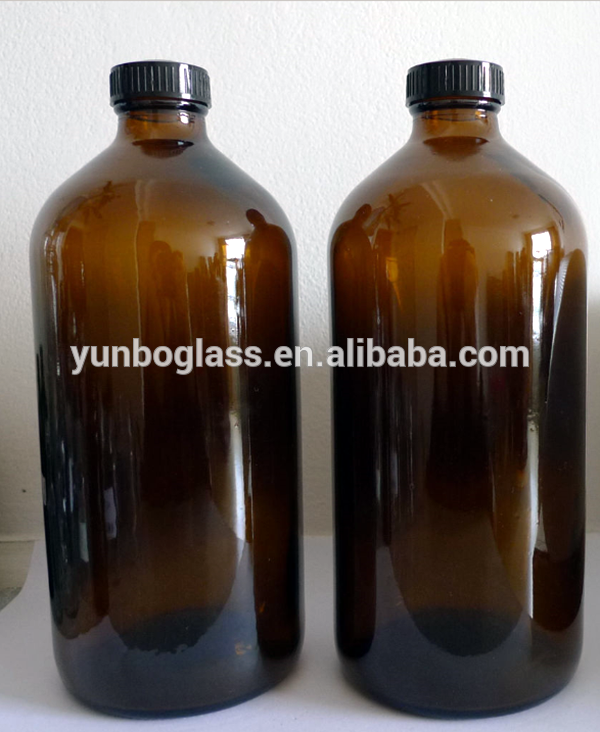 32 oz 1000ml Amber Glass Boston Round Bottle 33-400 with Stopper and Black Screw Cap