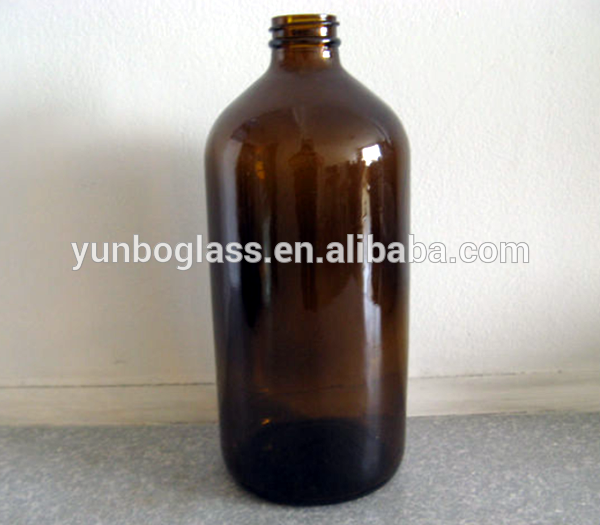 32 oz 1000ml Amber Glass Boston Round Bottle 33-400 with Stopper and Black Screw Cap