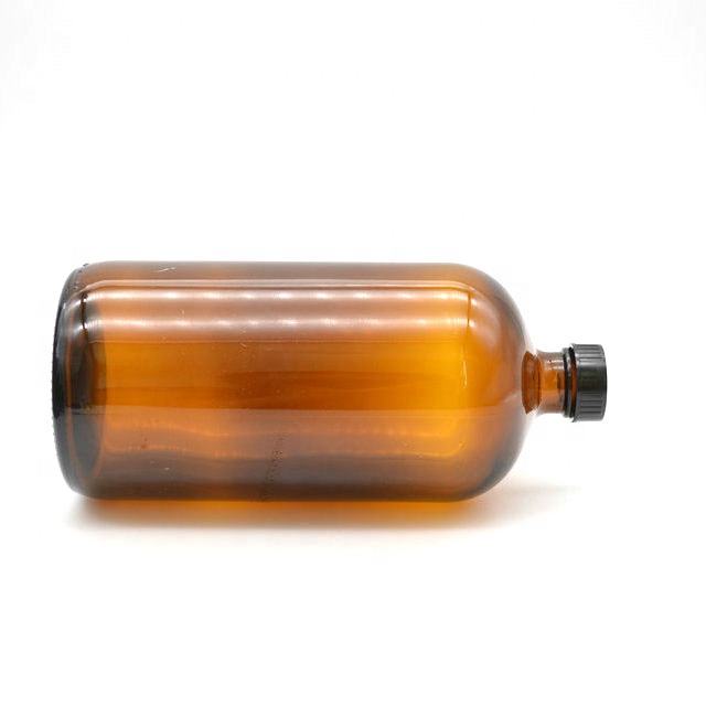 32 oz 1000ml Amber Glass Boston Round Bottle 33-400 with Stopper and Black Screw Cap