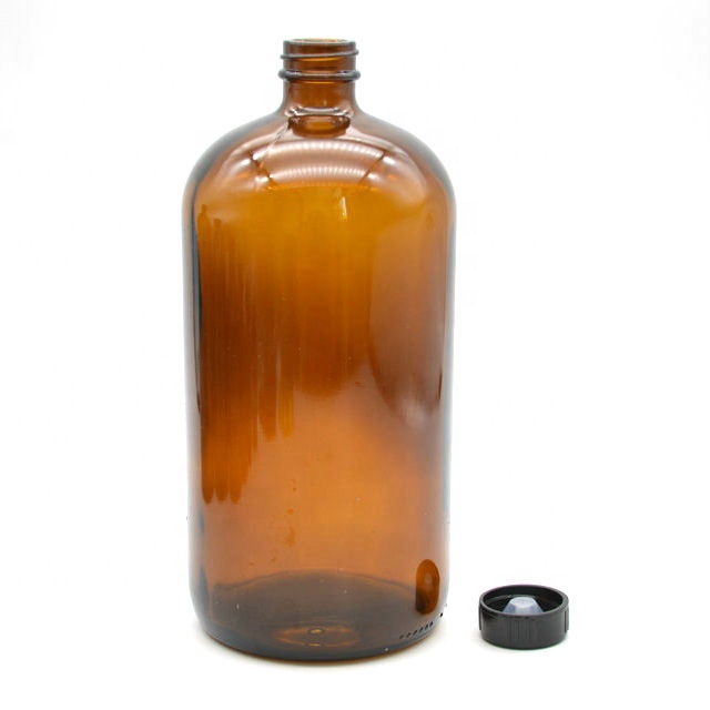 32 oz 1000ml Amber Glass Boston Round Bottle 33-400 with Stopper and Black Screw Cap