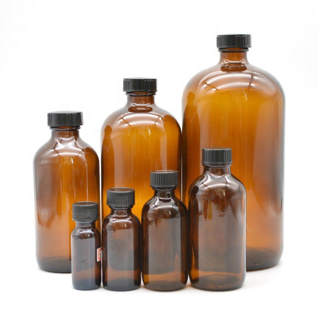 32 oz 1000ml Amber Glass Boston Round Bottle 33-400 with Stopper and Black Screw Cap