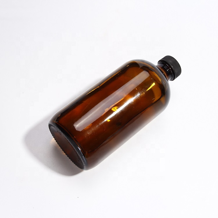 32 oz Amber Round Glass Bottle with Black Poly Cone Lid, 33 mm 33-400