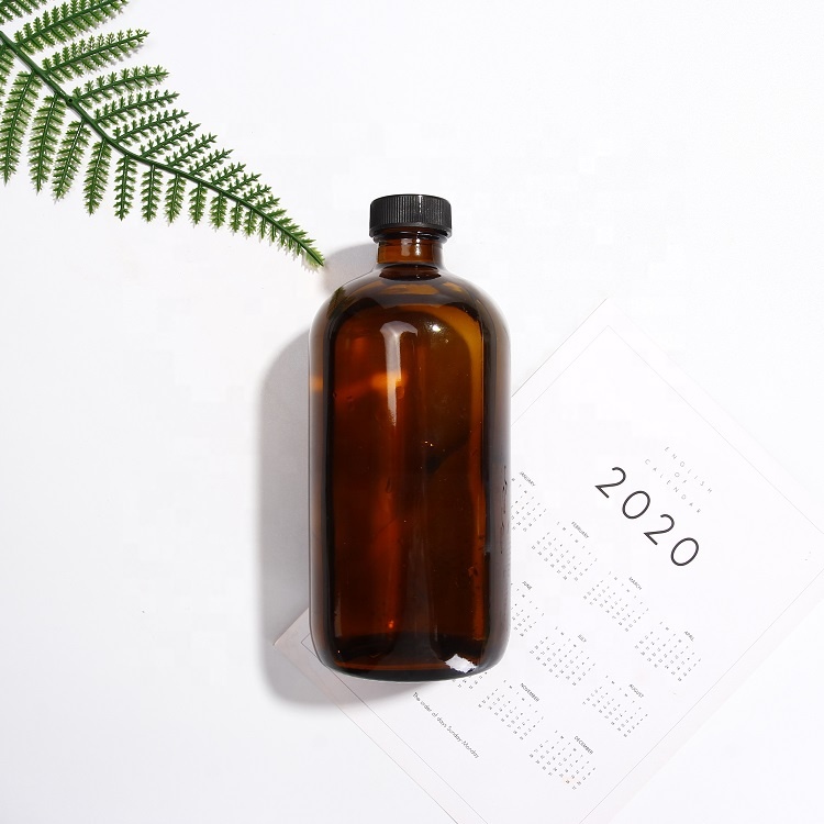 32 oz Amber Round Glass Bottle with Black Poly Cone Lid, 33 mm 33-400