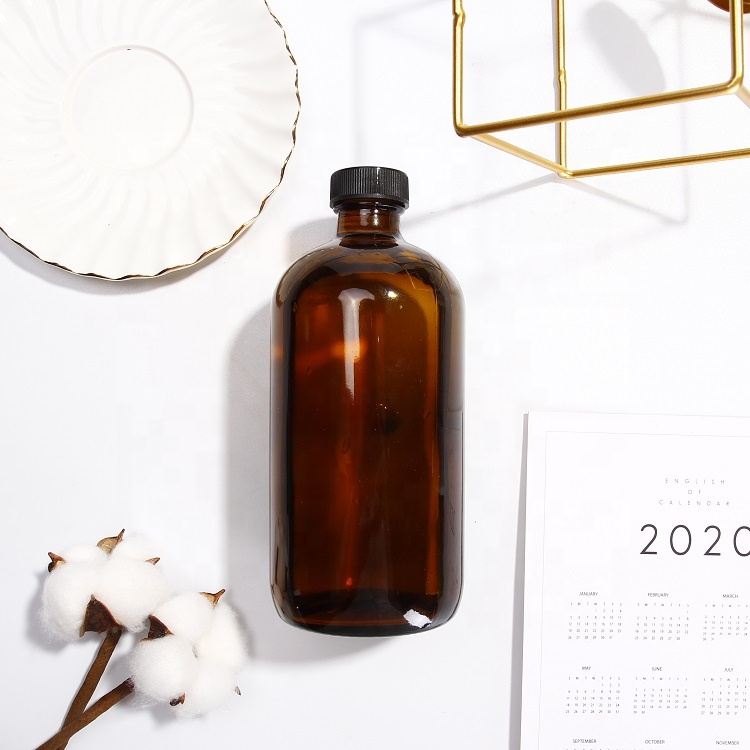 32 oz Amber Round Glass Bottle with Black Poly Cone Lid, 33 mm 33-400