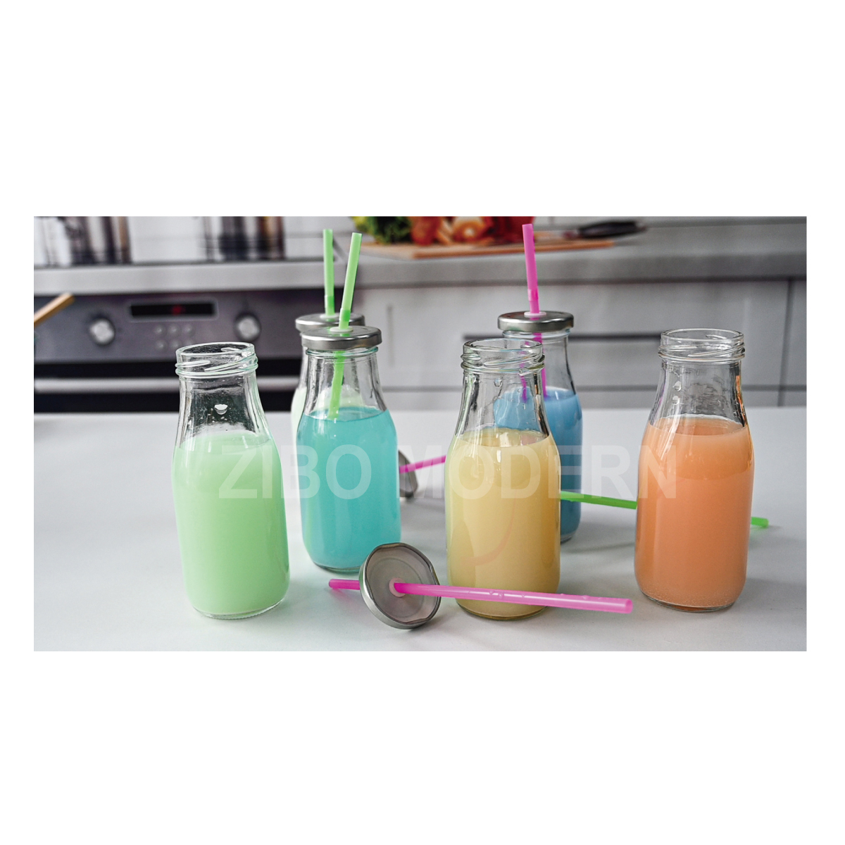 320 ml/11 Oz Glass Milk Juice Bottle With Lid And Straw Milk Bottle Drinking Beverage Bottle