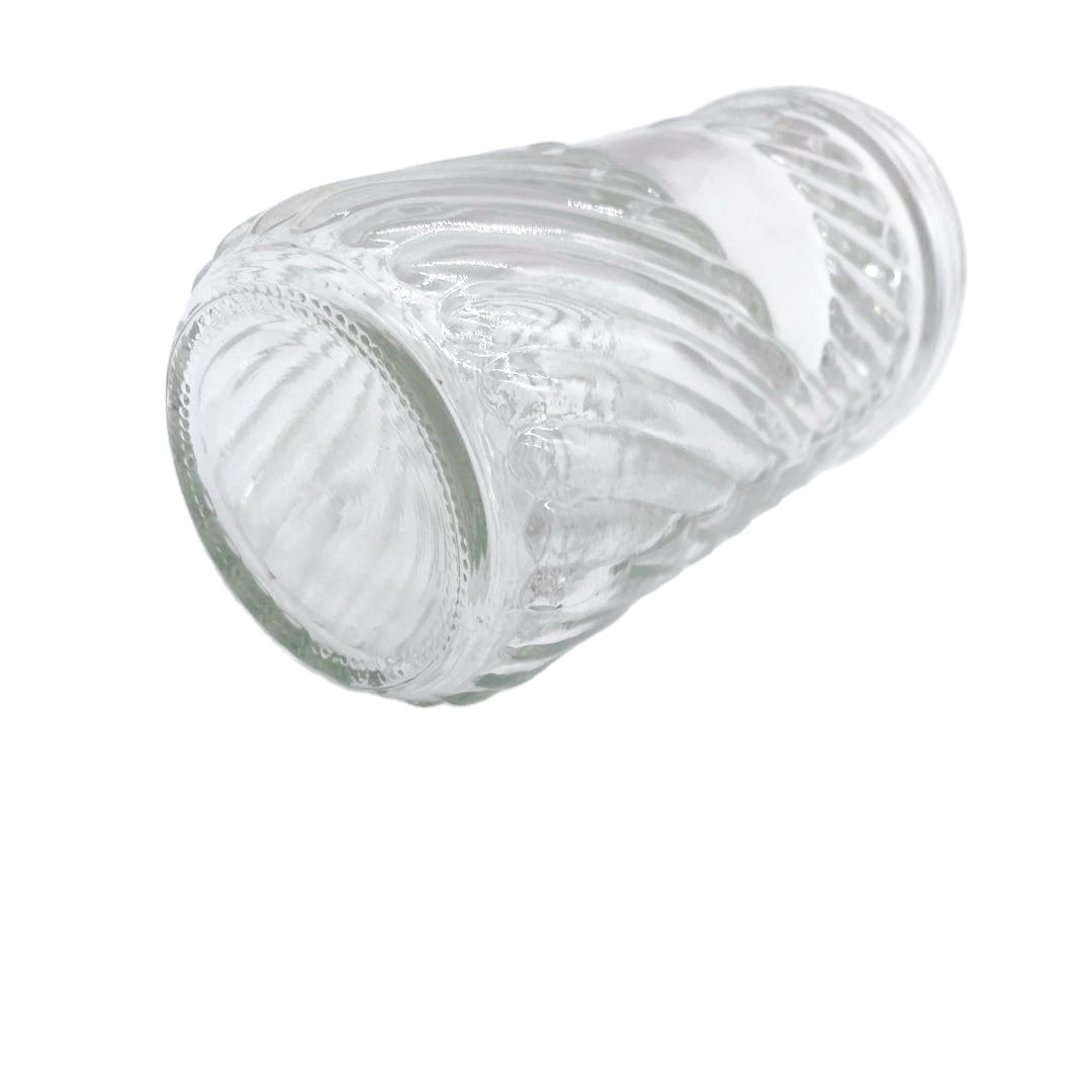 320ml Clear round fancy food storage glass jar with stainless lid and stripe