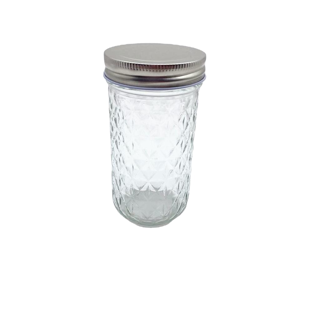 320ml Clear round fancy food storage glass jar with stainless lid and stripe