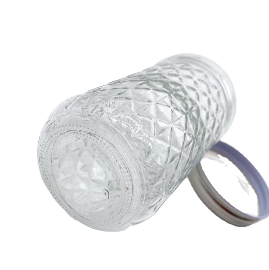 320ml Clear round fancy food storage glass jar with stainless lid and stripe