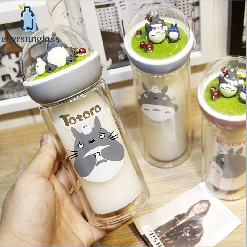 320ml Wholesale Creative Portable Totoro Pattern Double Wall Borosilicate Glass Milk Bottle with Rope