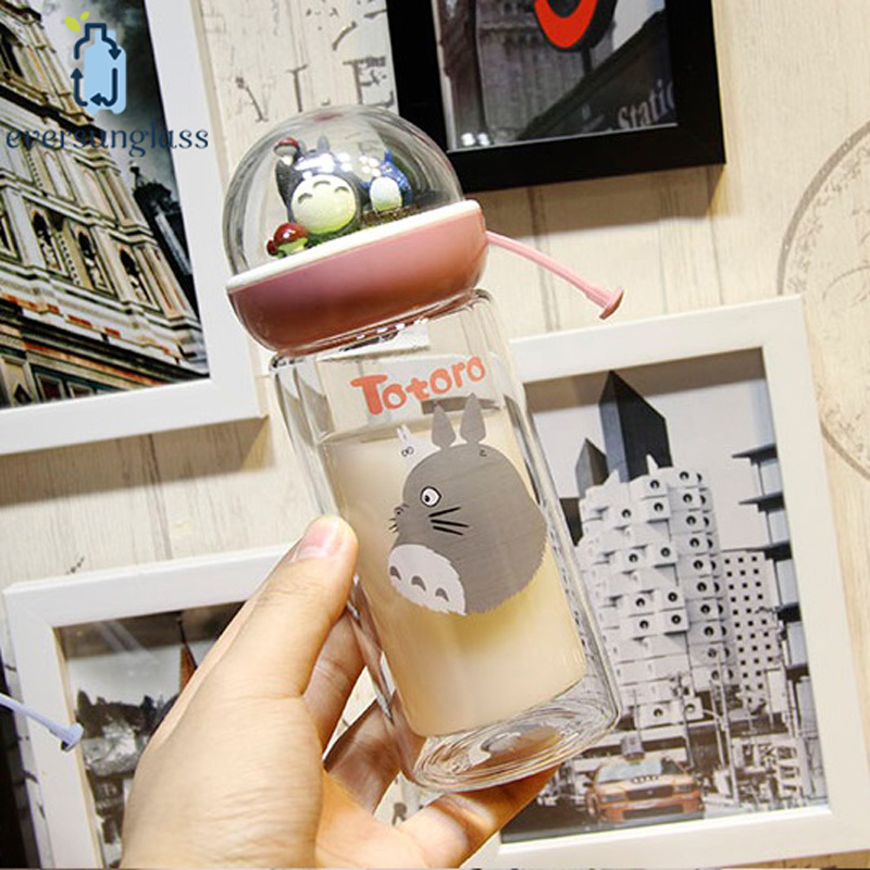 320ml Wholesale Creative Portable Totoro Pattern Double Wall Borosilicate Glass Milk Bottle with Rope