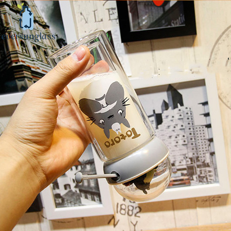 320ml Wholesale Creative Portable Totoro Pattern Double Wall Borosilicate Glass Milk Bottle with Rope