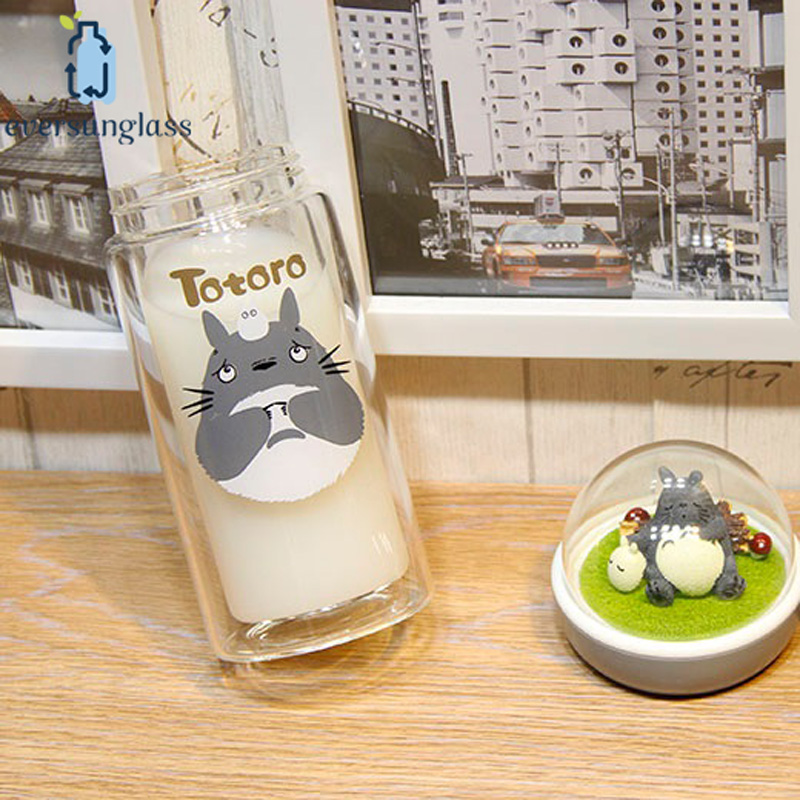 320ml Wholesale Creative Portable Totoro Pattern Double Wall Borosilicate Glass Milk Bottle with Rope
